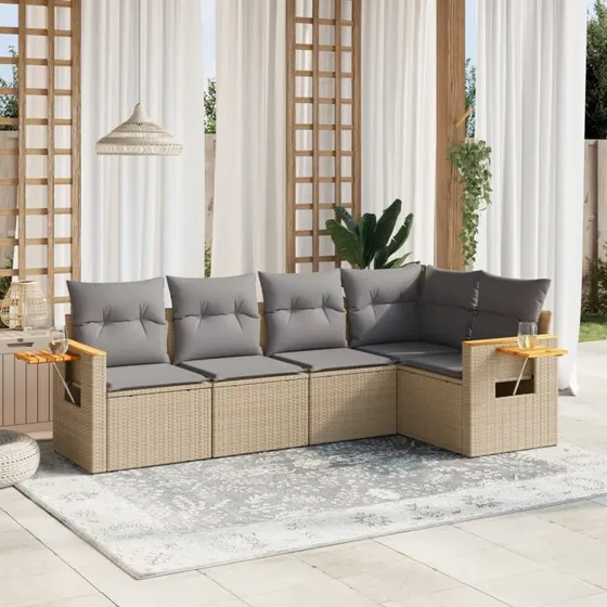Havesofasæt 5 dele i polyrattan med hynder - beige