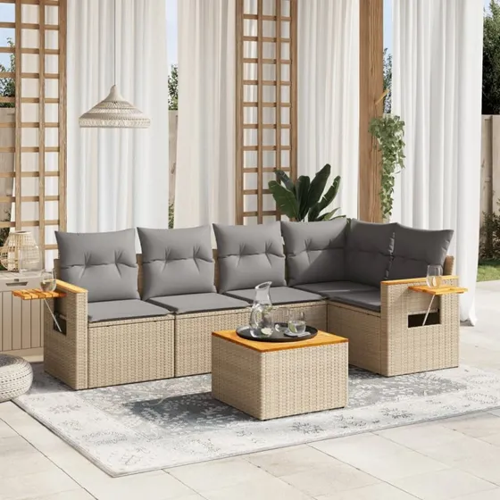 Havesofasæt 6 dele i beige polyrattan med hynder
