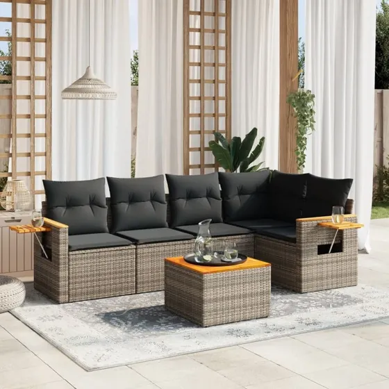 6-dele havemøbelsæt i grå polyrattan med hynder