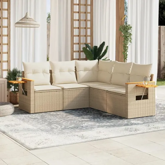 Havesofasæt 5 dele i polyrattan med hynder - beige