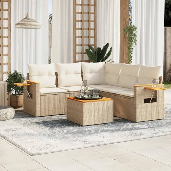 Havesofasæt 6 dele i polyrattan med hynder, beige