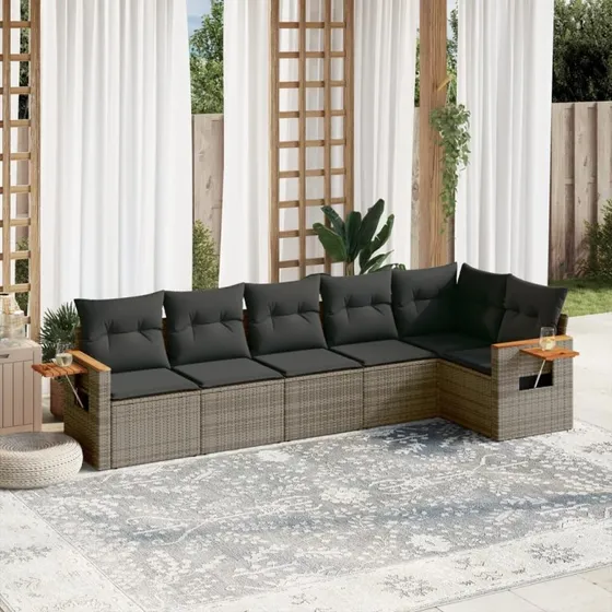 Havesofasæt 6 dele i polyrattan - grå med hynder