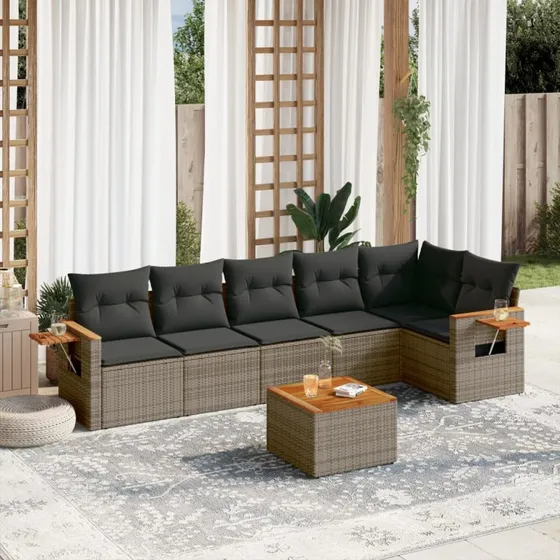Havesofa sæt 7 dele i grå polyrattan med hynder