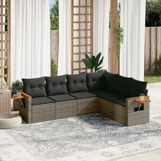 Havesofasæt 6 dele i grå polyrattan med hynder