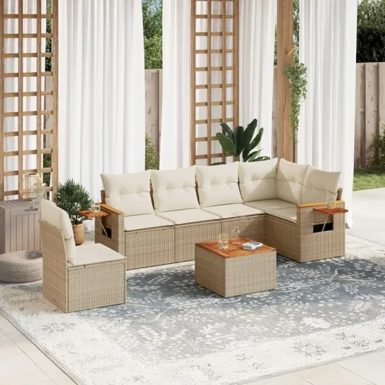 Havesofasæt 7 dele i polyrattan med hynder, beige