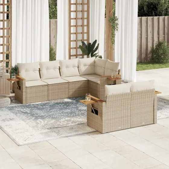 Havesofa sæt 7 dele i beige polyrattan med hynder