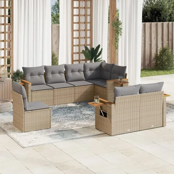 Havesofasæt 8 dele i polyrattan med hynder - Beige