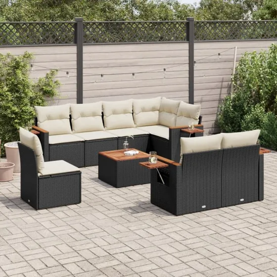 Sofasæt til haven 9 dele i sort polyrattan med hynder