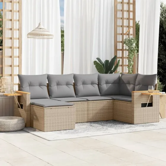 Havesofasæt 6 dele i beige polyrattan med hynder