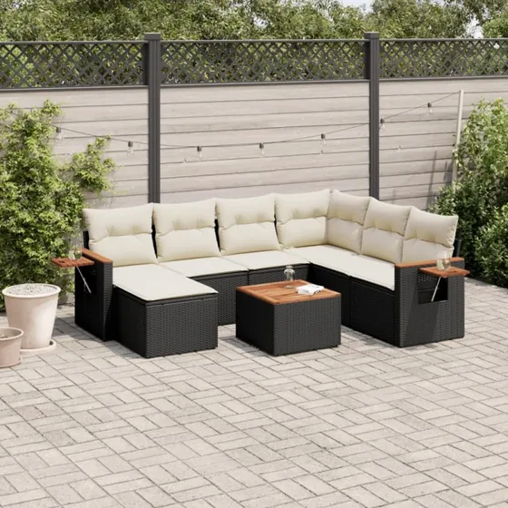 Sofasæt til haven 8 dele i sort polyrattan med hynder