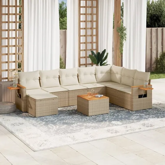 Havesæt 9 dele i polyrattan med hynder – beige