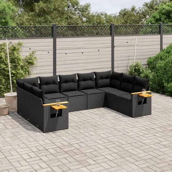 Havesofasæt 9 dele i sort polyrattan med hynder