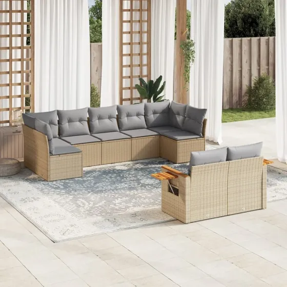Havesofasæt 9 dele i polyrattan med hynder – beige