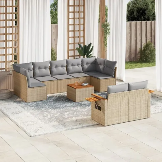 Havesofasæt 10 dele i polyrattan - beige med hynder