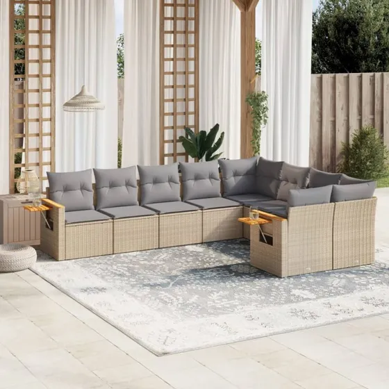 Havesofasæt 9 dele i polyrattan med hynder – Beige