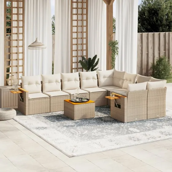 Havesofasæt 10 dele i beige polyrattan med hynder