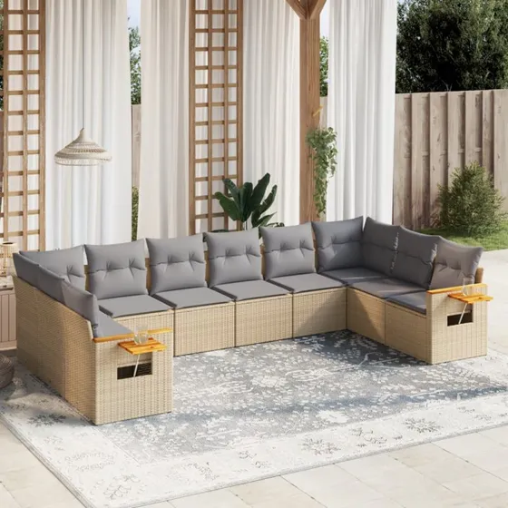 Sofasæt til haven 10 dele i polyrattan med hynder - beige