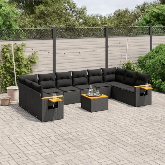 Havesofasæt i polyrattan 11 dele med hynder, sort