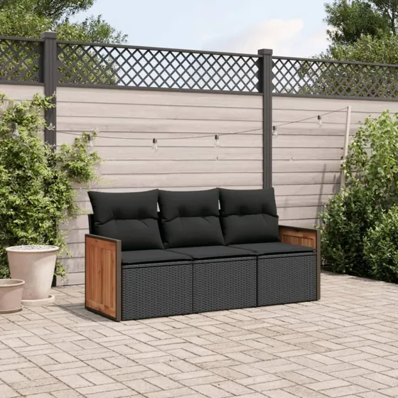Havesofasæt 3 dele i sort polyrattan med hynder
