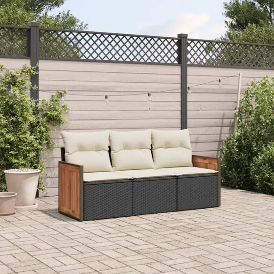 Sofasæt til haven 3 dele i sort polyrattan med hynder
