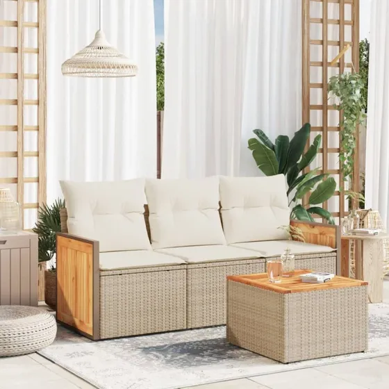 Havesofasæt 4 dele i polyrattan med hynder - beige