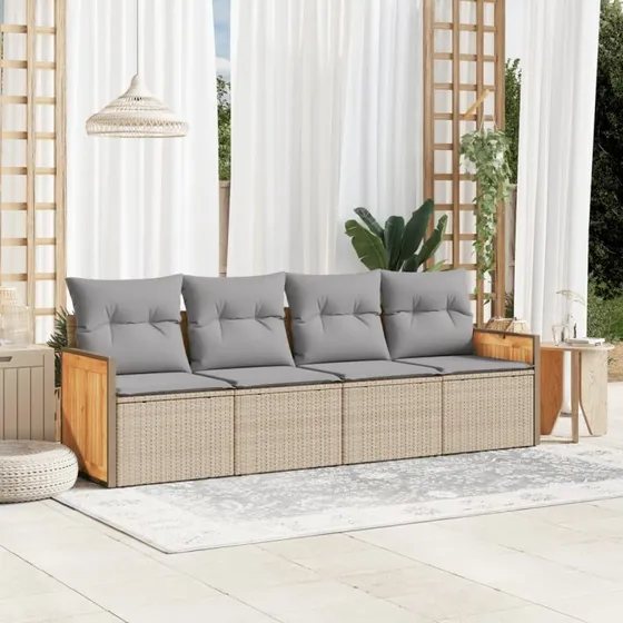 Havesofasæt 4 dele i polyrattan med hynder – beige