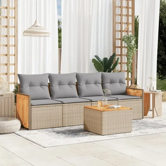 Havesæt 5 dele i beige polyrattan med hynder