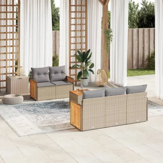 Sofasæt til haven 6 dele i beige polyrattan med hynder