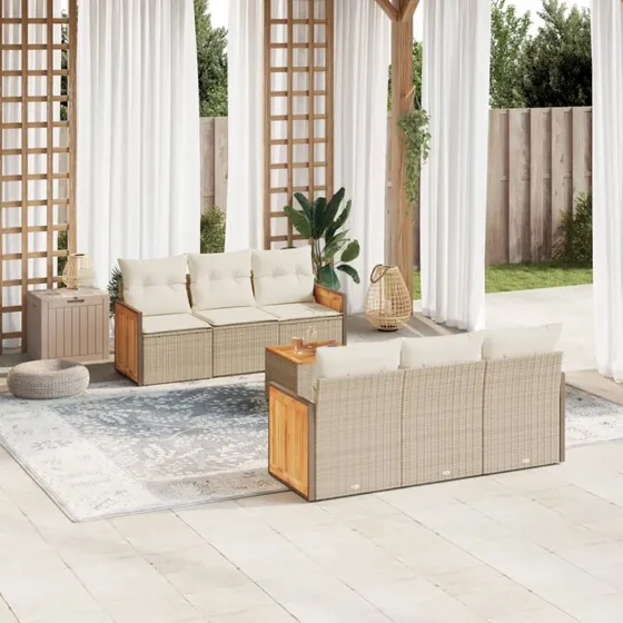 Havesofasæt 7 dele i beige polyrattan med hynder