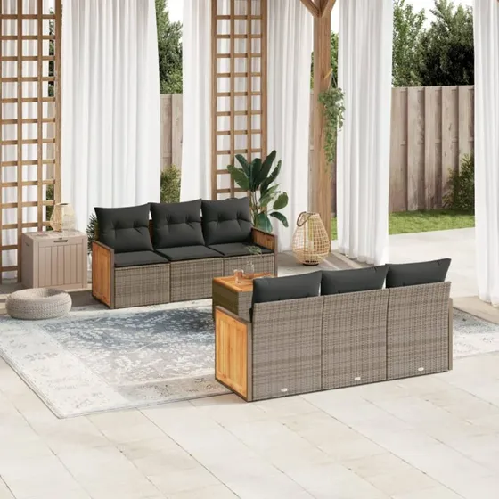 Havesofa sæt 7 dele i polyrattan med hynder, grå
