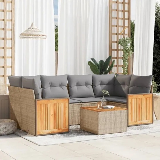 7-delers havesofasæt i polyrattan med hynder – beige