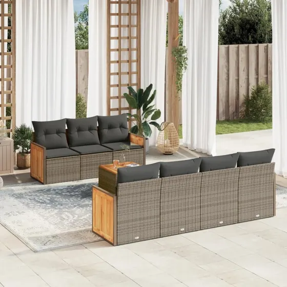 Sofasæt til haven 8 dele i grå polyrattan med hynder