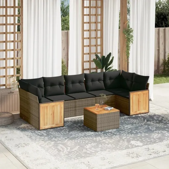 Havesofasæt 8 dele i polyrattan med hynder, grå