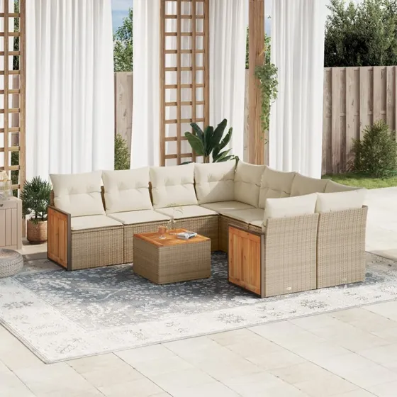 Havesofasæt 9 dele i polyrattan med hynder - beige