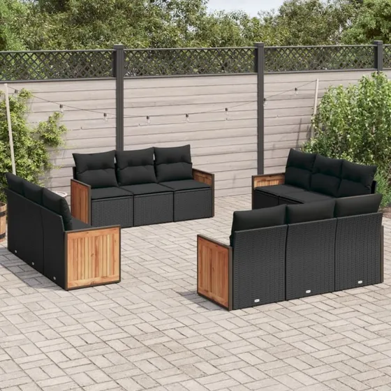 Havesofasæt 12 dele i sort polyrattan m. hynder