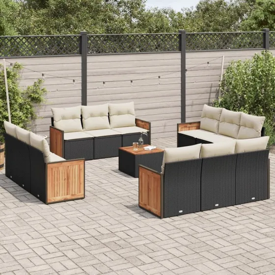 Havesofasæt 13 dele i sort polyrattan med hynder