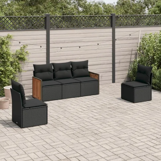 Havesofasæt 5 dele i polyrattan med hynder - sort
