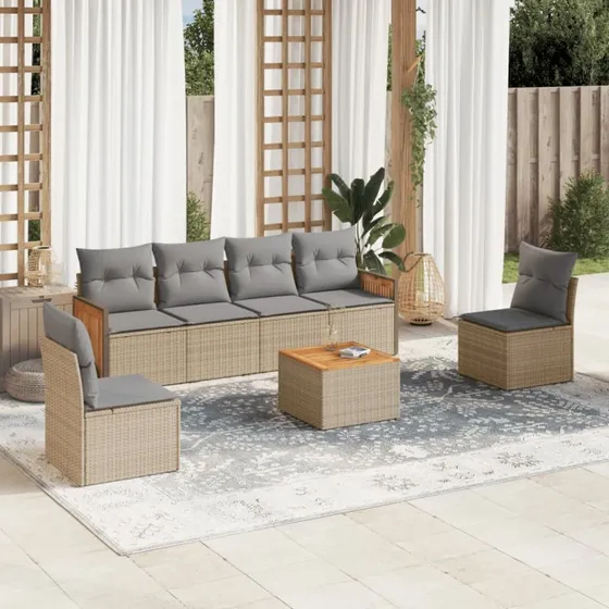 Havesofasæt 7 dele i beige polyrattan med hynder