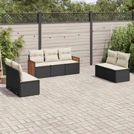 Havesofasæt 7 dele i sort polyrattan inkl. hynder