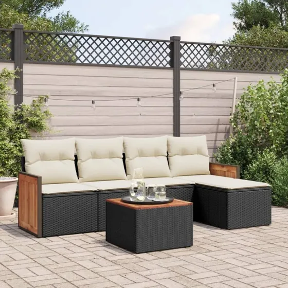 Sofasæt til haven 6 dele i sort polyrattan med hynder
