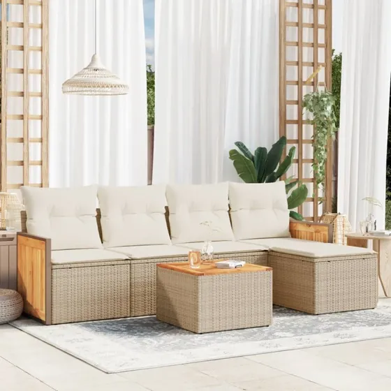 Havesæt 6 dele i polyrattan med hynder - beige