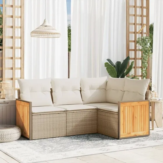 Havesofasæt 4 dele i polyrattan med hynder, beige