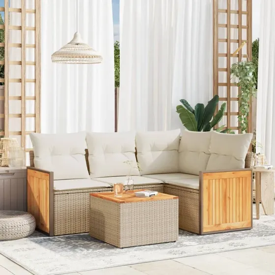 Havesofasæt 5 dele i beige polyrattan med hynder