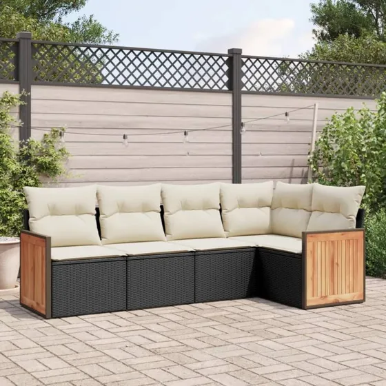 Havesofasæt 5 dele i sort polyrattan med hynder