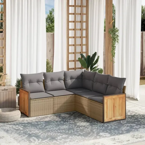Havesofasæt 5 dele i beige polyrattan med hynder