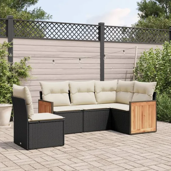 Havesofasæt 5 dele i polyrattan med hynder - sort