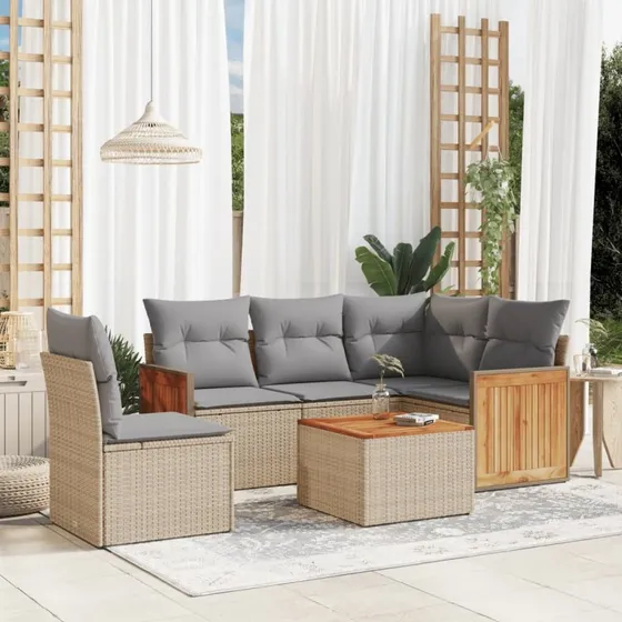 6-delt polyrattan sofasæt til have med hynder, beige