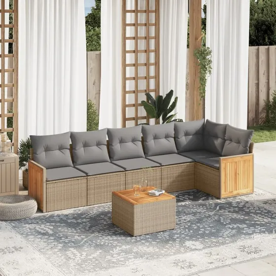 Sofasæt til haven 7 dele i polyrattan med hynder - beige
