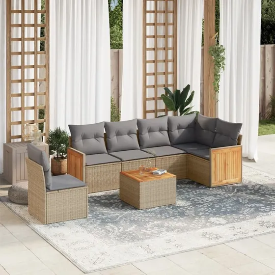 7-dele havemøbelsæt i polyrattan med hynder, beige