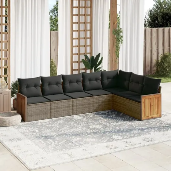 Havesofa 7 dele i grå polyrattan med hynder
